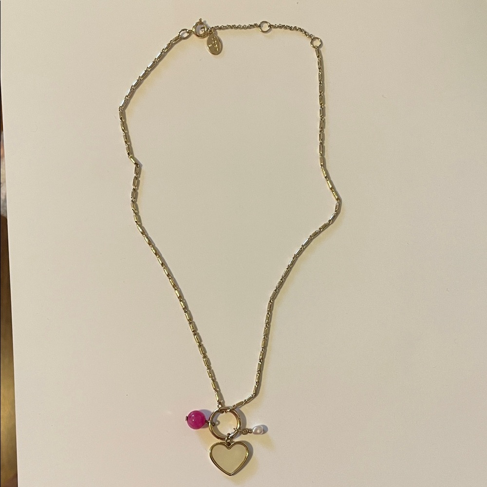 LOFT Gold Heart Necklace with Pink and White Beads